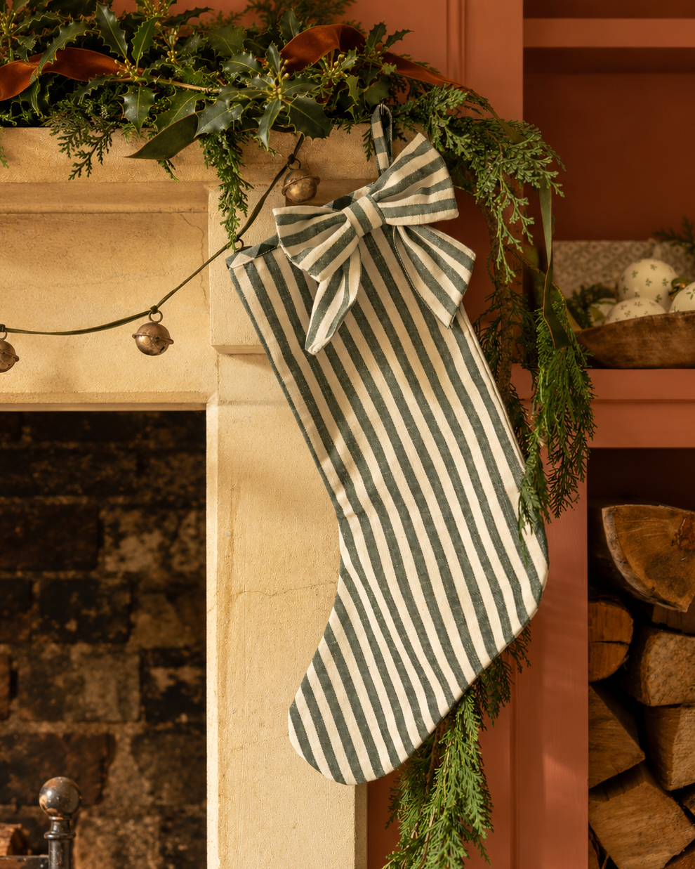 The Bow Stocking - Stripe in Pine Green