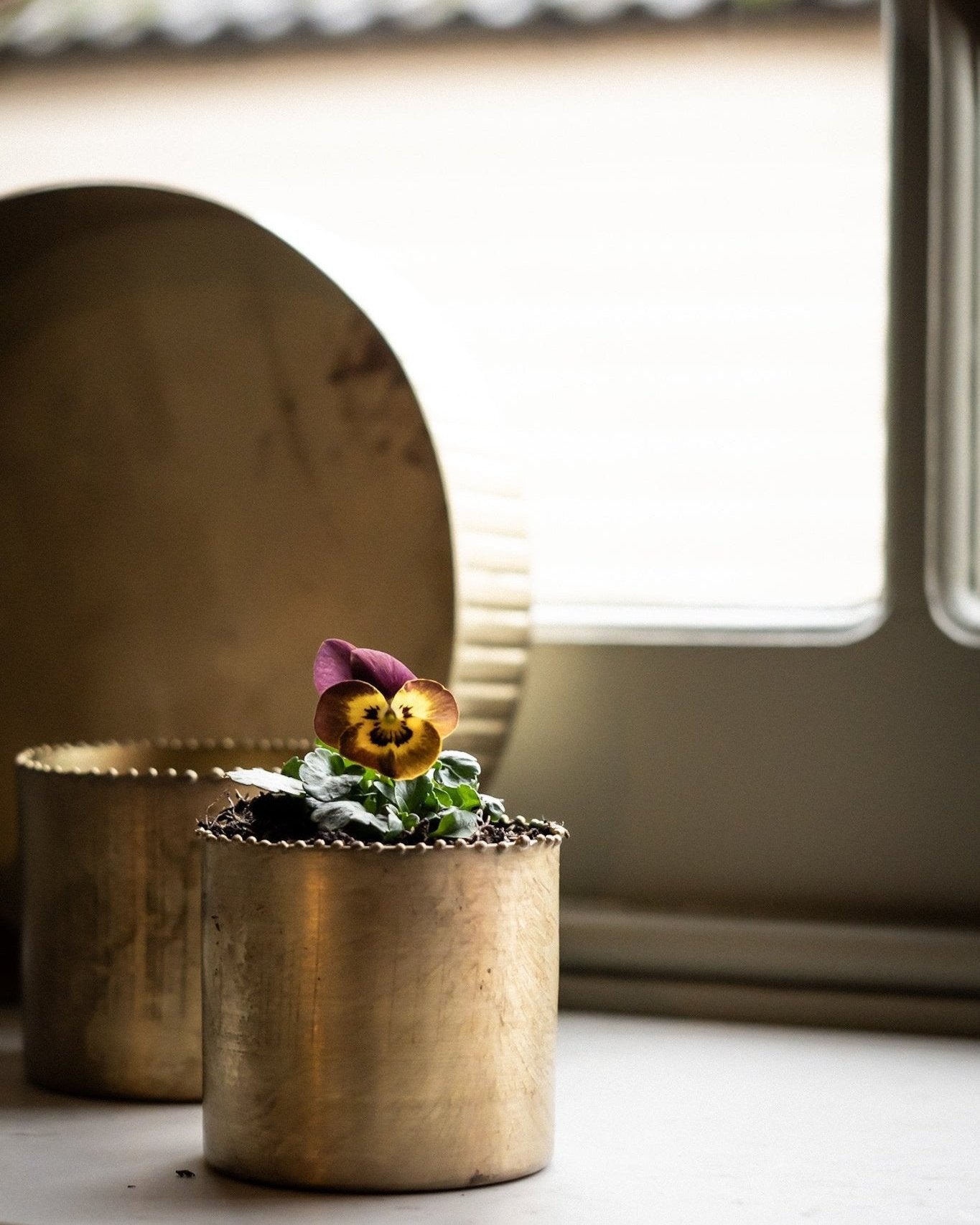 Set of Two Beaded Brass Pots