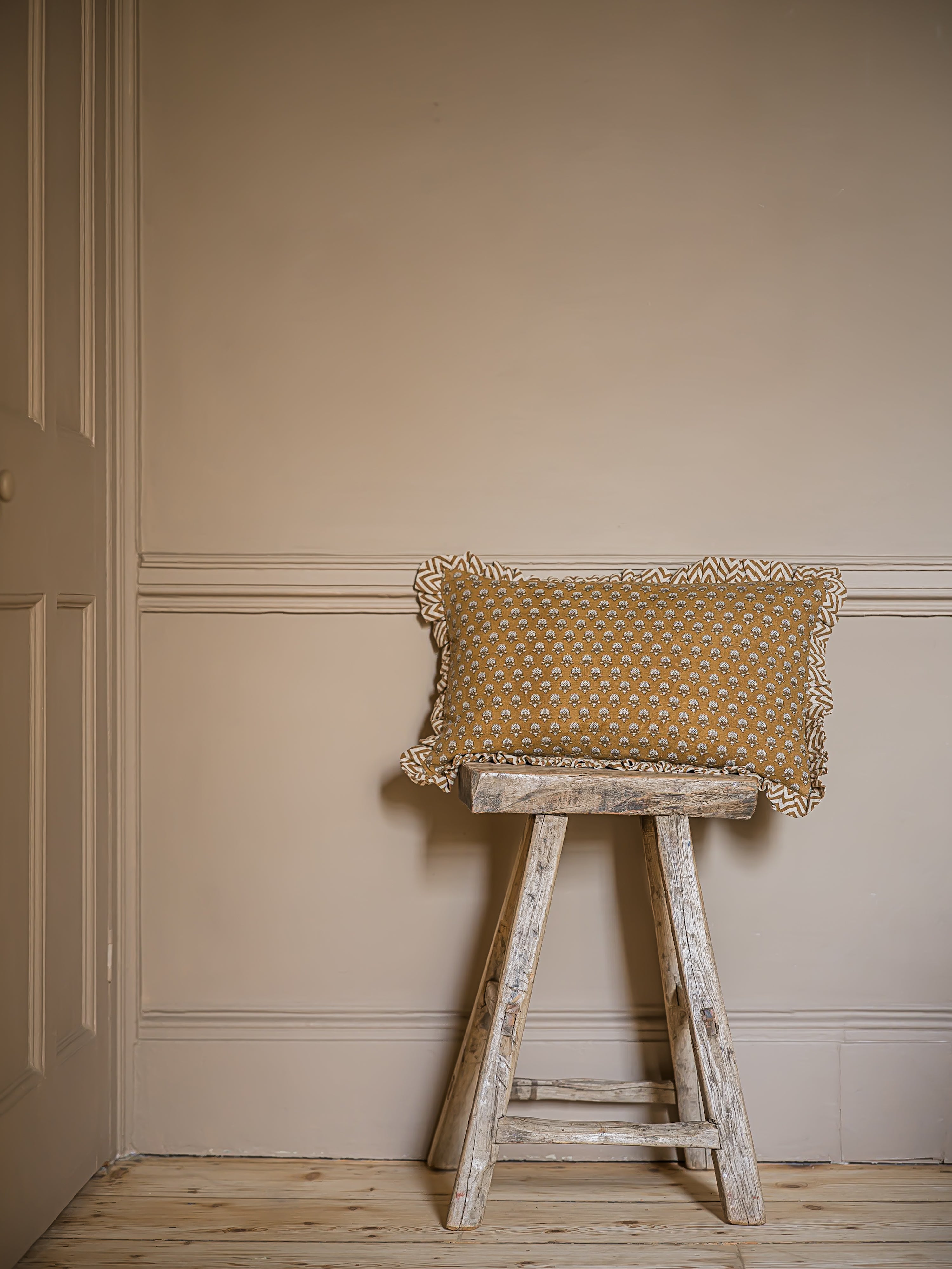 Block Print Marigold Frill Cushion | Mustard