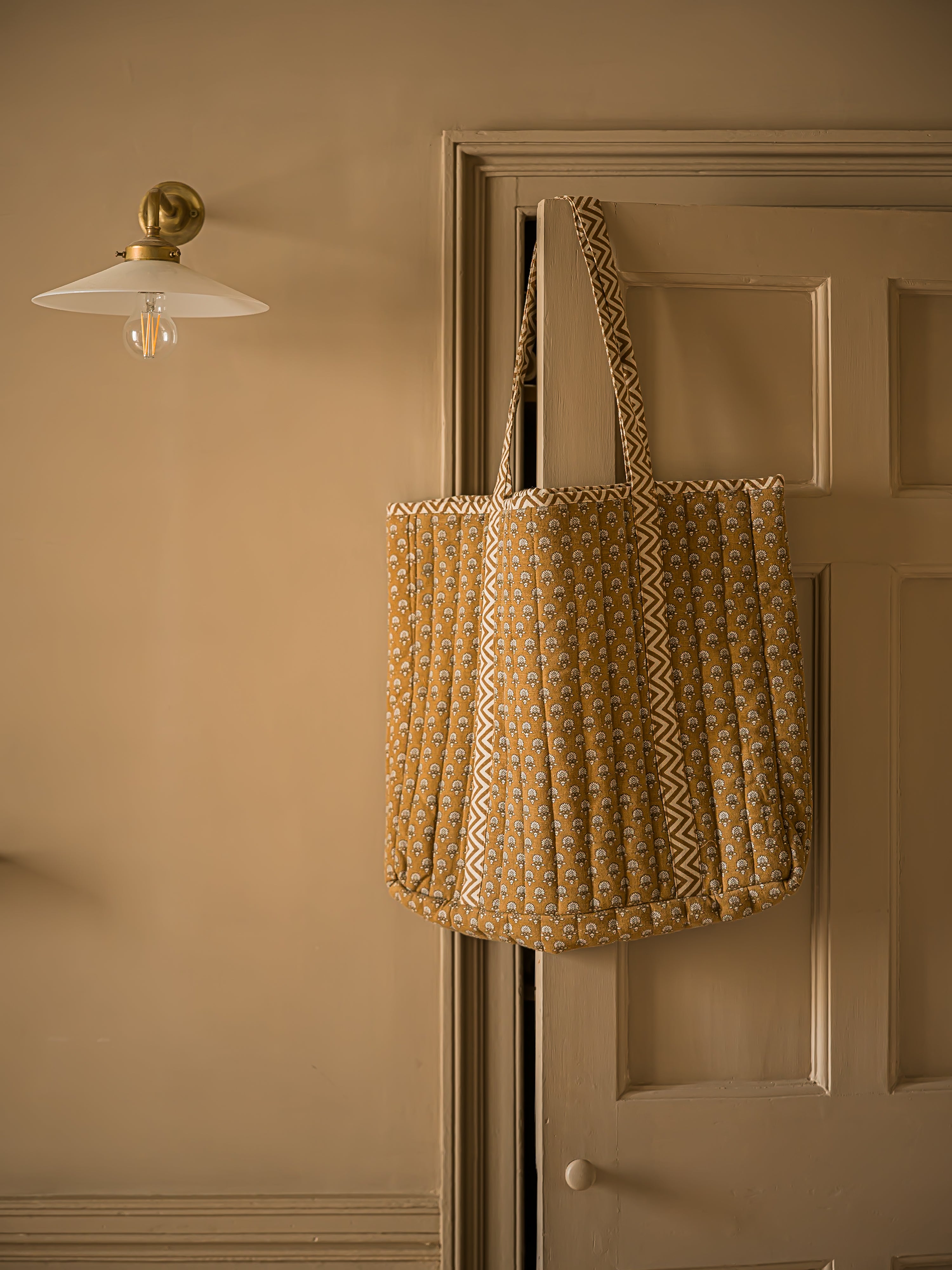 Block Print Marigold Flower Tote Bag | Mustard