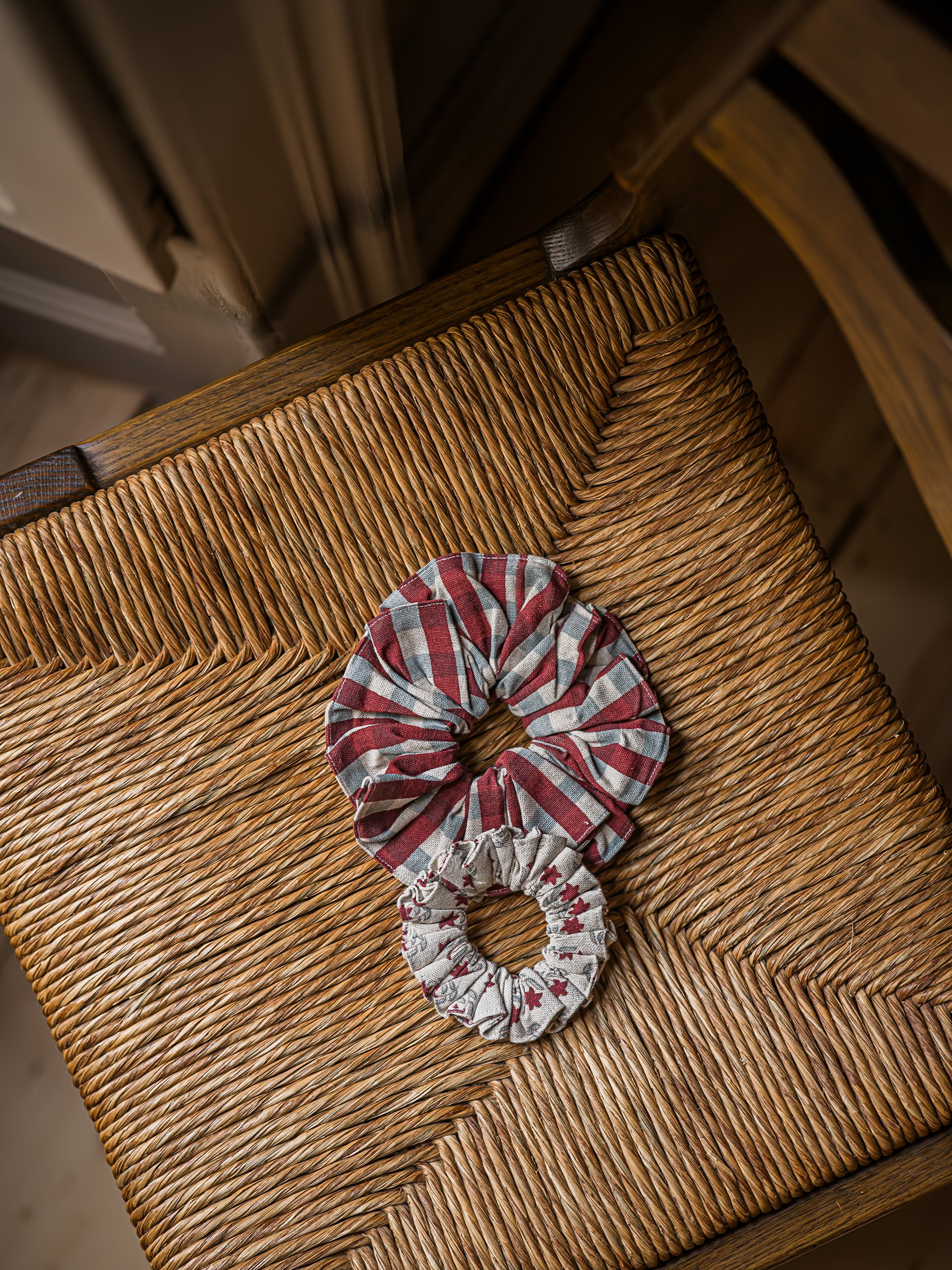 Block Print Star & Check Scrunchies | Set of 2 | Mulberry & Denim