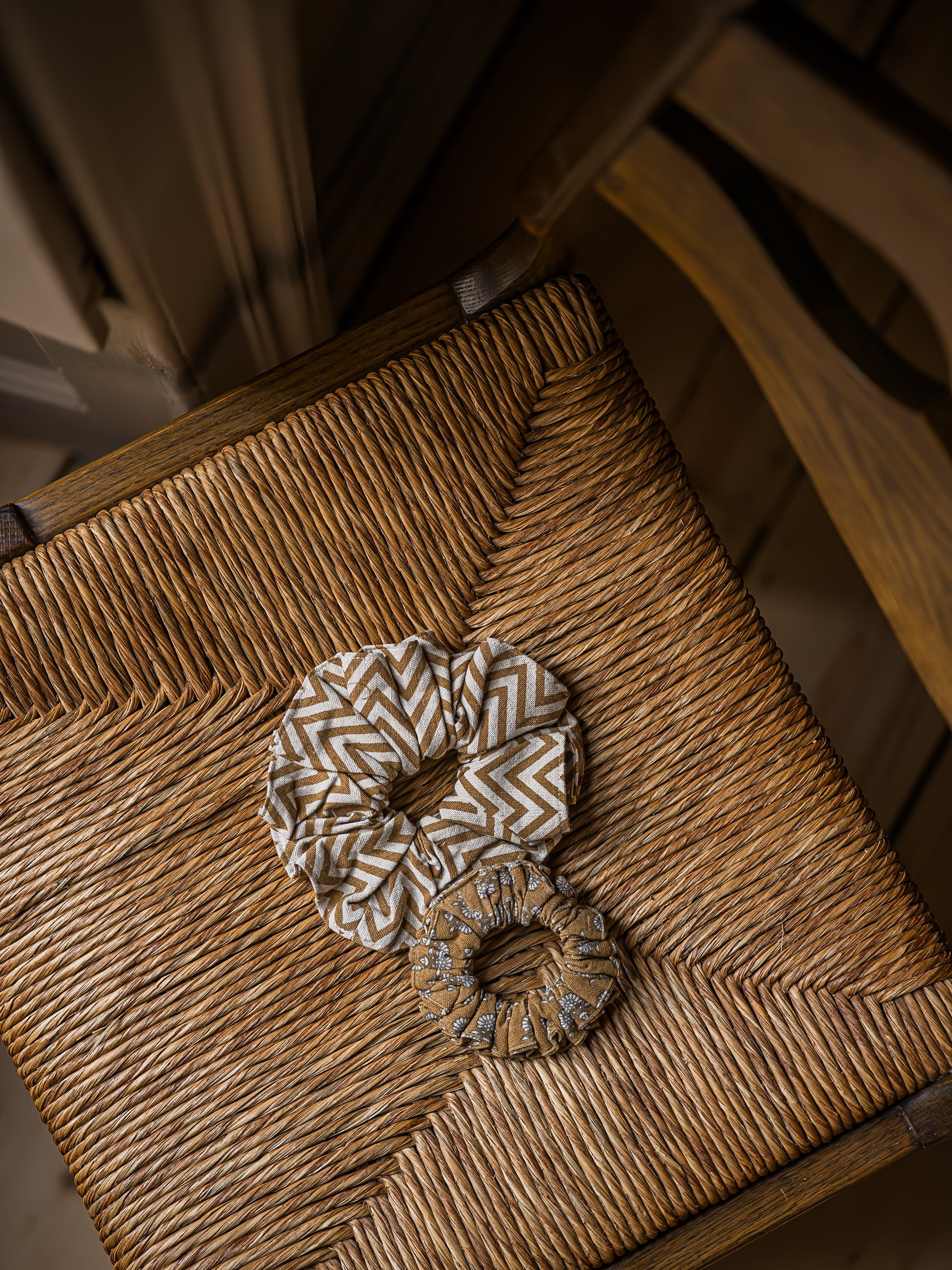 Block Print Marigold & Herringbone Scrunchies | Set of 2 | Mustard